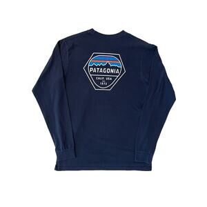 Patagonia Mens Size M Navy Blue Cotton Long Sleeve Regular Fit Graphic Logo Tee